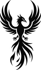 Obraz premium Black and white phoenix bird tribal design, minimalist firebird tattoo vector, elegant flying mythical creature silhouette illustration
