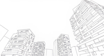 Business district of a big city in black and white art line style.