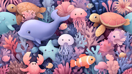 Cute Underwater Sea Animals Illustration