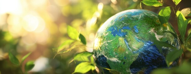 The Earth Globe Nestled in Lush Green Leaves Under Warm Sunlight