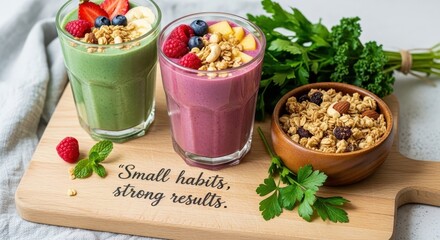 Delicious smoothies with fresh fruit and granola on a wooden board