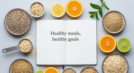 Healthy food composition with notebook displaying motivational text