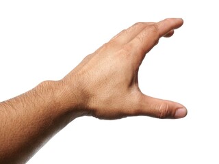 Male hand reaching for something on business concept Isolated on a white background.	