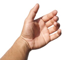 A man acts like he's holding something, like a phone or a water bottle. Or reaching out to handshake isolated on white background.