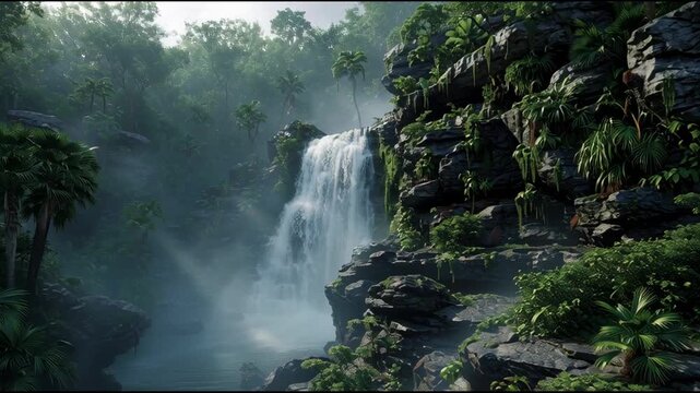 Majestic Waterfall Cascading in Lush Tropical Rainforest. Dense Jungle Foliage and Rocky Cliffs with Misty Water Spray. Exotic Natural Landscape Scene.