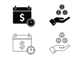 Financial calendar and hand with coins icons set - Vector icon symbol for website - Icon vector - Blue icon vector - Line and glyph solid icon set