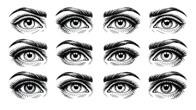 Hand-drawn elegant eyes with expressive eyebrows and lashes create a mesmerizing beauty concept for fashion, makeup, and design projects