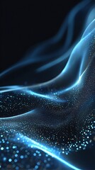 Abstract blue wave with shimmering particles and textured lines on dark background design