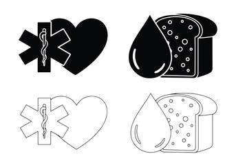 Medical and diet icons heart star blood drop bread slice - Vector icon symbol for website - Icon vector - Blue icon vector - Line and glyph solid icon set