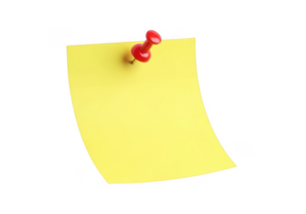 Yellow sticky note pinned with red thumbtack isolated object for notes and reminders transparent background