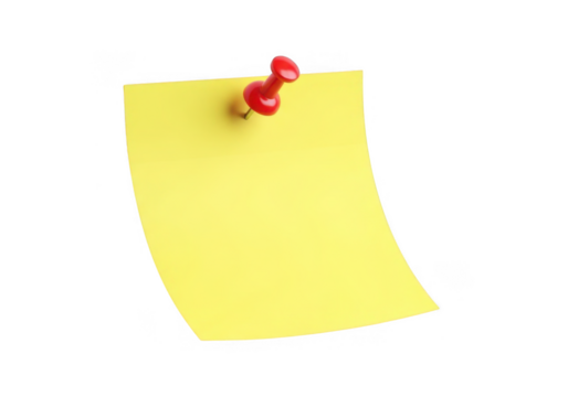 Yellow sticky note pinned with red thumbtack isolated object for notes and reminders transparent background
