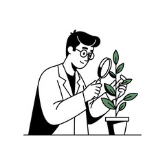 Scientist examining plant with magnifying glass for research.