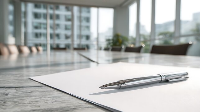 Chrome pen resting on blank paper in modern conference room with city view