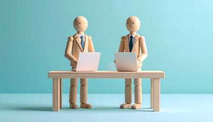 Two wooden figures in suits with laptops on a table, representing a business meeting or collaboration