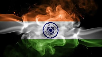Dramatic abstract smoke and fire effect forming the Indian tricolor flag and Ashoka Chakra on a solid black background a powerful patriotic visual concept for national celebrations - Powered by Adobe