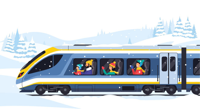 Passengers enjoying a scenic winter train journey through a snowy landscape, a modern locomotive transporting travelers in comfort and style