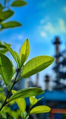 Obraz premium Green leaves against a blurred industrial background with blue sky above plant