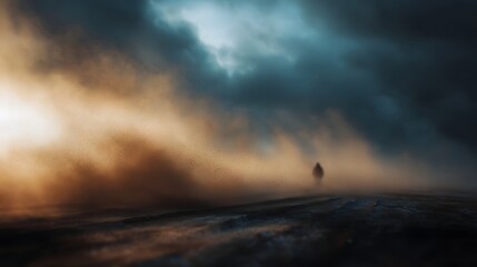 Fototapeta premium A lone silhouette navigates a swirling dust storm illuminated by atmospheric evening light against a backdrop of dark dramatic clouds