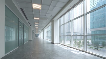 Modern office hallway with glass walls and cityscape view through large windows