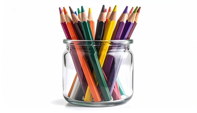 A Jar Filled With Assorted Colored Pencils Standing Upright Isolated On A White Background With Soft Natural Light