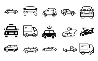 Diverse collection of clean modern car icons representing various vehicle types and styles for automotive and transportation design projects