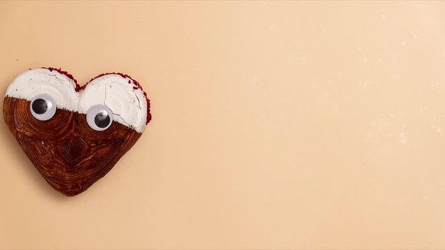 Stop motion Funny personalized eyes Creative ides Valentine's Day flat lay top view Holiday celebration Heart shaped different variety flavor croissants on beige background. Puff pastry new trendy