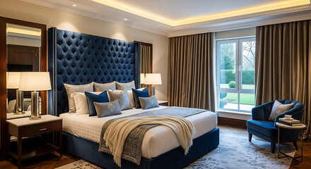 Luxurious hotel bedroom with a plush blue tufted velvet headboard, elegant lighting, a cozy armchair, and large window overlooking a serene garden
