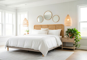 Bright and airy bedroom interior design with a comfortable bed, natural rattan headboard, elegant round mirrors, woven pendant lights, and green plant decor