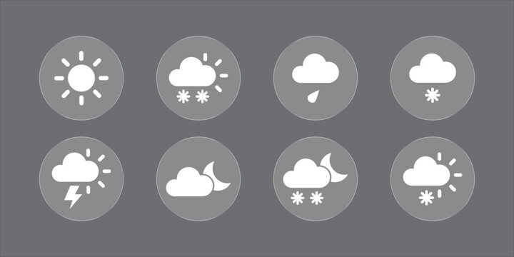 Liquid glass weather icons collection with glass reflection