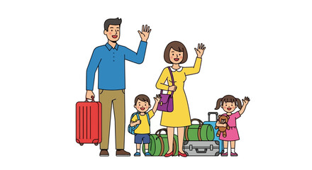 Family travel waving with luggage vector illustration for vacations, holidays, and trips