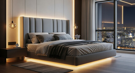 Modern bedroom with luxury bed, ambient lighting, city view at night, high-rise apartment, elegant design, comfortable retreat, sophisticated decor, contemporary style home.