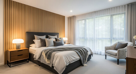 Luxurious modern bedroom interior with stylish wooden slatted accent wall, comfortable king-size bed, elegant nightstands, and a large window