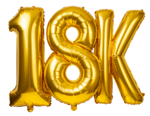 Number 18K Golden Foil Balloon Floating with Invisible Strings, Top-Down Perspective, Isolated