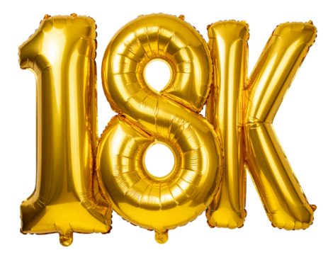 Number 18K Golden Foil Balloon Floating with Invisible Strings, Top-Down Perspective, Isolated