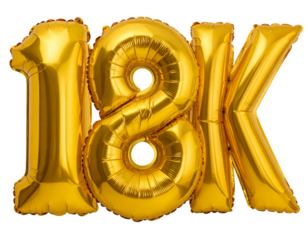 Number 18K Golden Foil Balloon, Front View, Isolated on Transparent Background