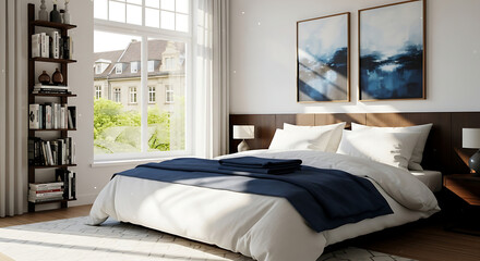 Bright and spacious modern bedroom interior design with a large window overlooking a historic city view, featuring a comfortable bed, bookshelf, and artwork