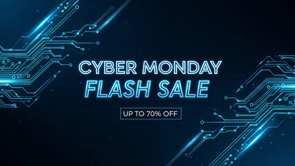 Cyber Monday flash sale up to 70% off graphic with luminous blue elements and grid layout, suitable for online ads, email campaigns and website headers  Ecommerce Innovation Marketing