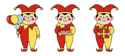 Fototapeta premium Birthday Joker Set – Clowns Holding Cake, Balloons and Gift. Flat Vector Illustration