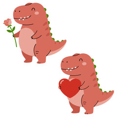 Obraz premium Valentine Dinosaur Set – Cute Dinosaurs Holding Rose and Heart. Flat Vector Illustration