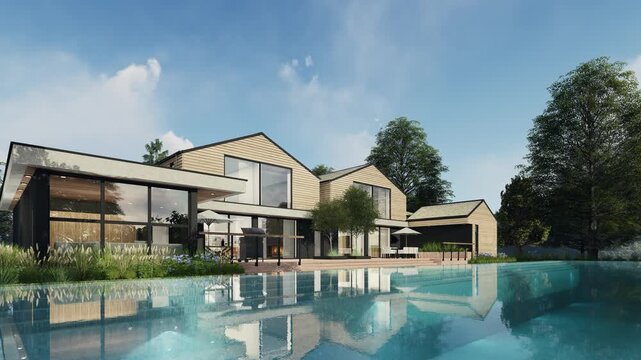 4K 3D Rendering Animation of Modern Farmhouse Exterior with Swimming Pool, Daytime