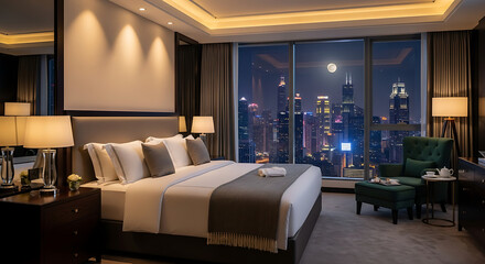 Luxurious hotel bedroom with a comfortable king-size bed, elegant furnishings, and a stunning panoramic city skyline view at night, full moon glowing.