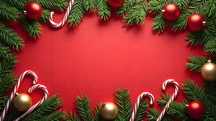 Classic Christmas Border Design with Fresh Green Pine Tree Branches, Red Ornaments, Gold Baubles, and Red/White Striped Candy Canes on a Clean Red Background Template