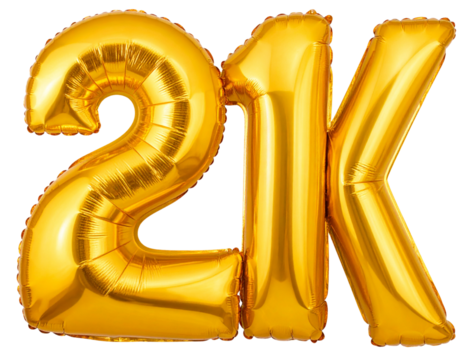 Number 21k Golden Inflatable Foil Balloon Front View, Fully Inflated, Isolated on Transparent Background