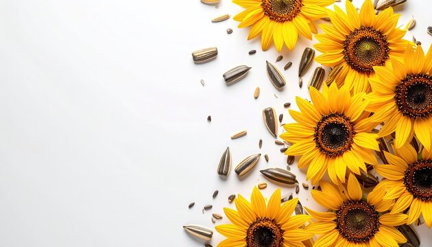 A Collection of Vibrant Yellow Sunflowers and Scattered Seeds on a Clean White Background with Natural Lighting and Soft Focus Detail