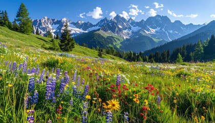 Alpine meadow bursts with wildflowers beneath snow-capped peaks and a radiant summer sky.