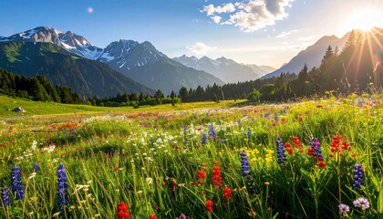 Alpine meadow bursts with wildflowers beneath snow-capped peaks and a radiant summer sky.