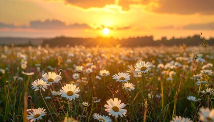 Golden sunlight bathes a daisy field, casting long shadows and painting the sky in warm hues.