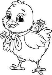 Cute baby chick black and white line art, cartoon chicken illustration, adorable farm animal coloring page for kids and toddlers