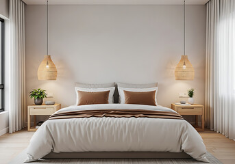 Modern minimalist bedroom interior design with comfortable bed, two natural woven pendant lamps, wooden nightstands, and a calming neutral color scheme
