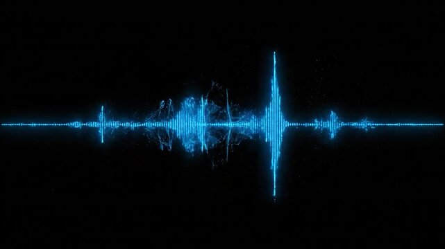 A neon blue audio visualizer pulsates across a black background, suggesting sound waves